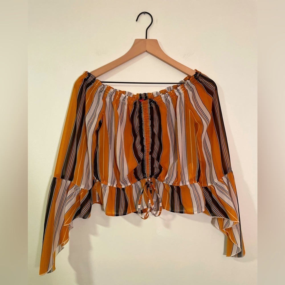 GUESS Off The Shoulder, Sheer Boho Blouse With Bell Sleeve, Size L
